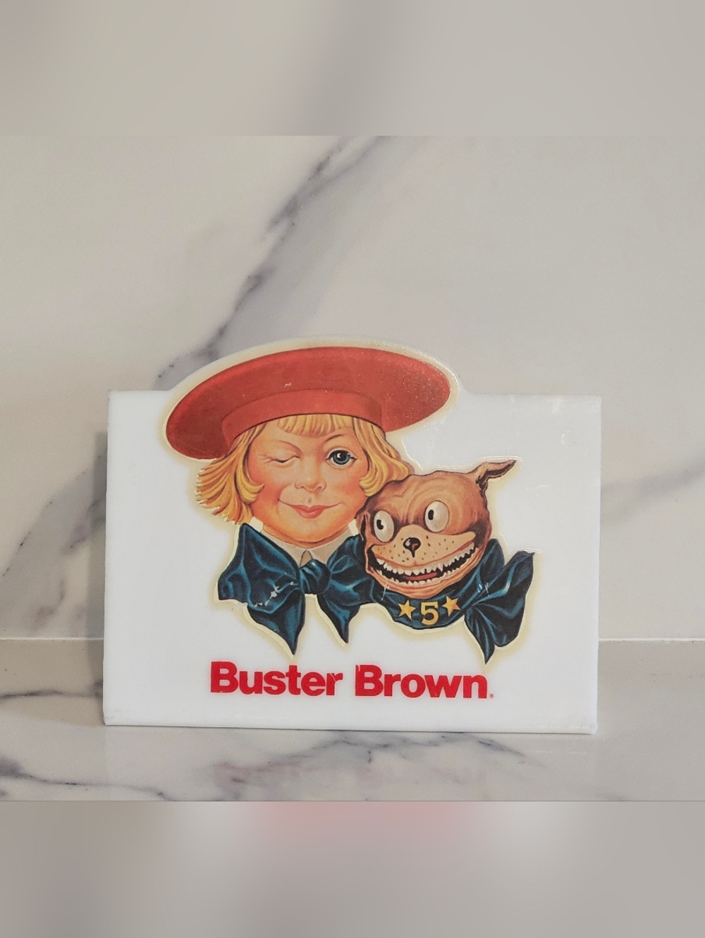 Old, Vintage Buster Brown Plaque with Red Hat and Blue Ribbon